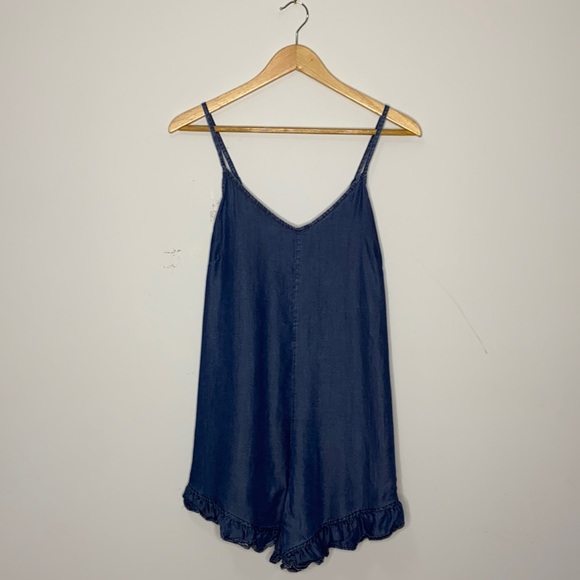 Don’t Ask Why by American Eagle Dark Blue Chambray Ruffle Hem Tank Romper - Picture 2 of 9